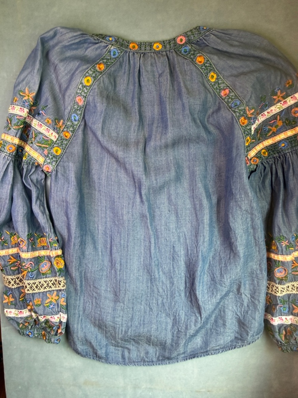 Embroidered Denim Peasant Blouse by Chelsea & Theodore - Picture 7 of 8